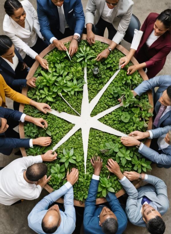 a green working space with laptop, notes, plants, computer
